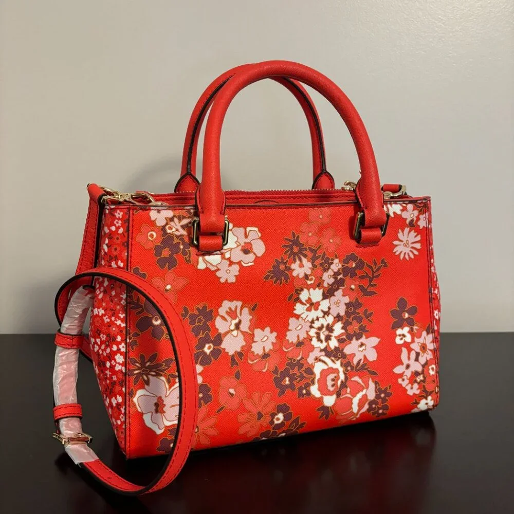 Michel Kors Kellen Red Sangria Floral Saffiano Leather Satchel Crossbody - Picture 4 of 12